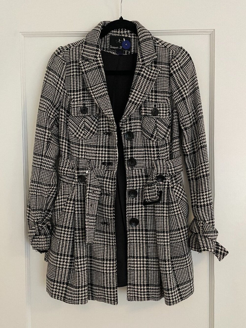 Forever 21 Houndstooth Plaid Belted Trench Coat Size S Black White Jacket